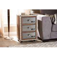 Baxton Studio DSG17A108-Light Brown-NS Avere French Industrial Brown Wood and Silver Metal 3-Drawer Rolling Nightstand
